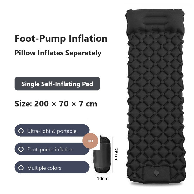 AirRest single self-inflating pad in black, 200 by 70 by 7 cm, with foot-pump inflation and free pillow.