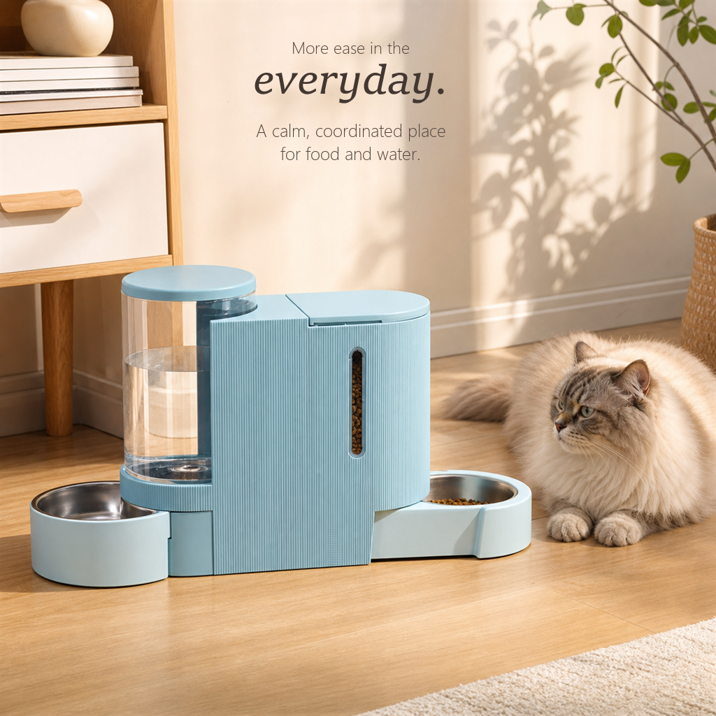 FeedFlow food and water station in light blue on a wood floor with a fluffy cream cat resting beside the filled bowls.