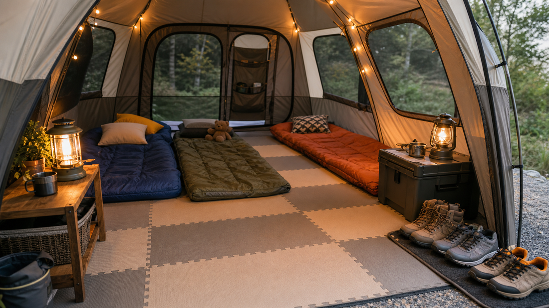 Cozy camping tent interior with soft interlocking foam floor tiles