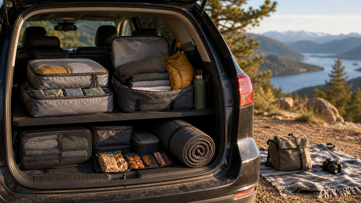 Organized SUV trunk with travel organizers and comfort gear for a road trip