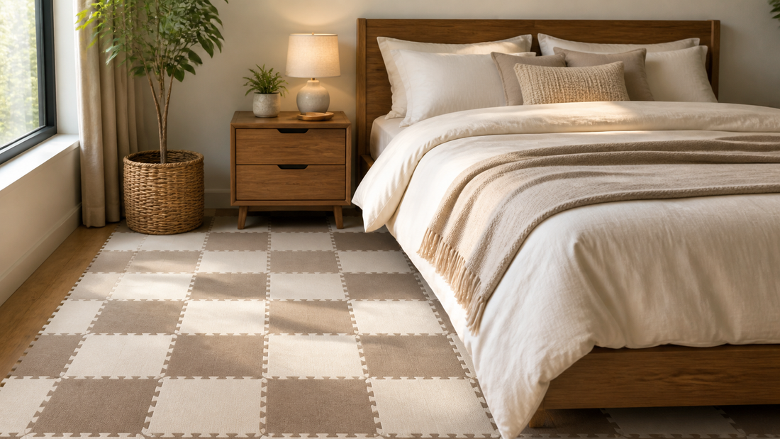 Soft checkerboard floor area used as a calm play zone at home