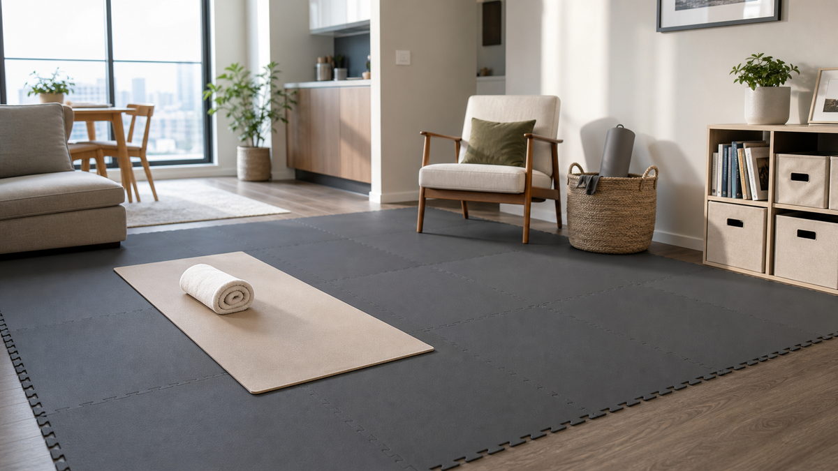 Small apartment living area with soft solid floor tiles for a flexible activity zone