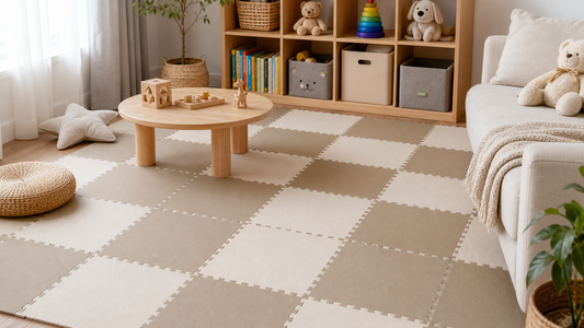 Cozy kids playroom with soft checkerboard interlocking floor tiles