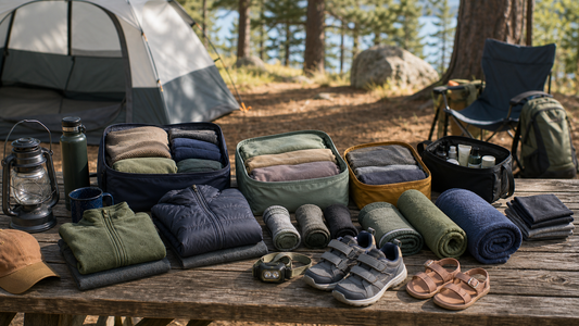 Family camping gear arranged by category before packing for a trip