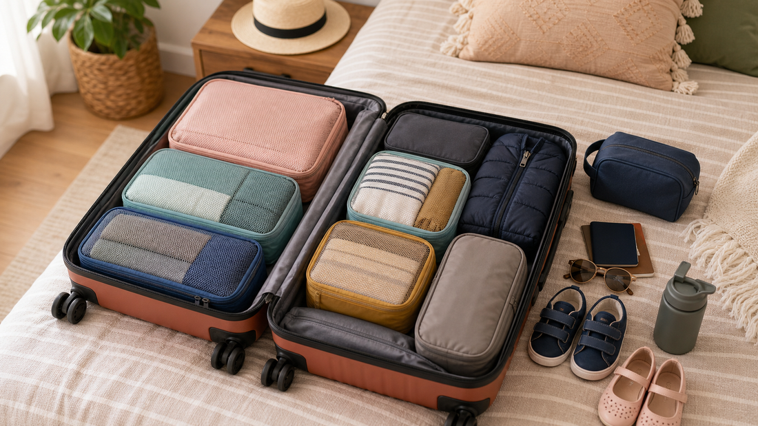 Family suitcase organized with color-coded packing cubes for adults and kids
