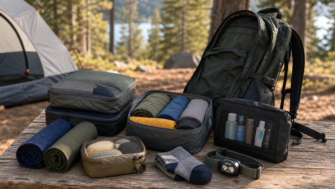 Camping gear and organizer cubes arranged before packing