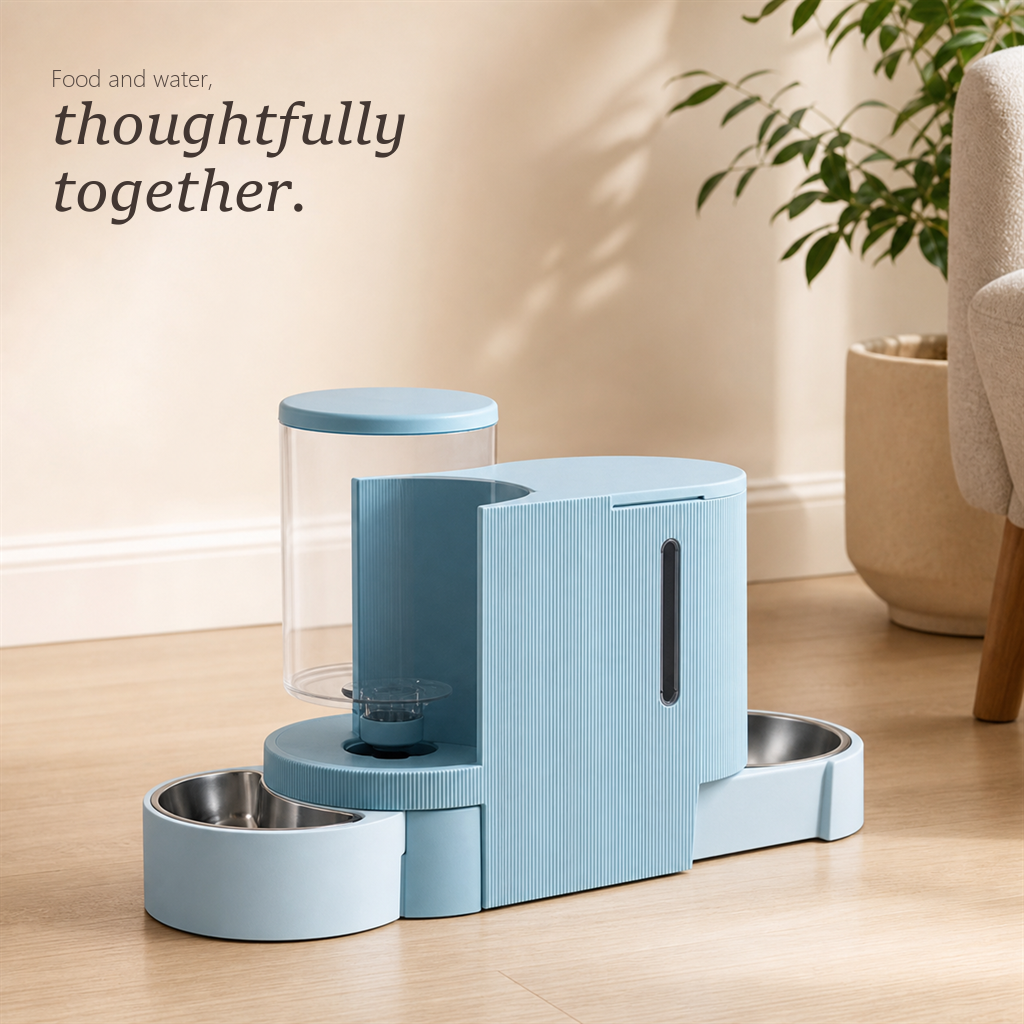 Gravity pet food and water station set up at home