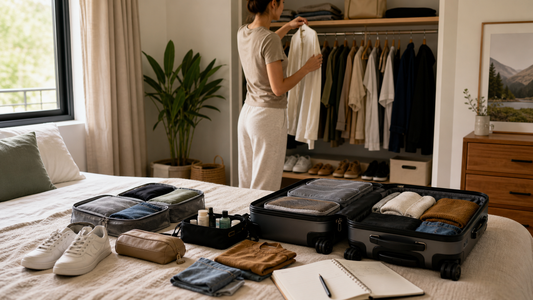 Minimal closet packing setup with suitcase and travel organizer cubes