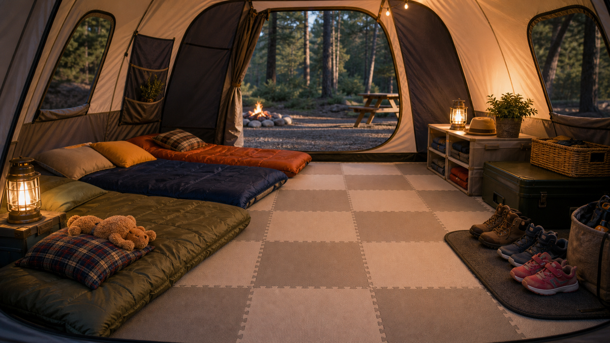 Comfortable tent interior with soft floor tiles and organized camping gear
