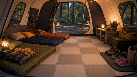 Comfortable tent interior with soft floor tiles and organized camping gear