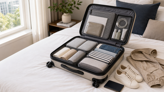 Carry-on suitcase packed with travel organizers for a seven day trip