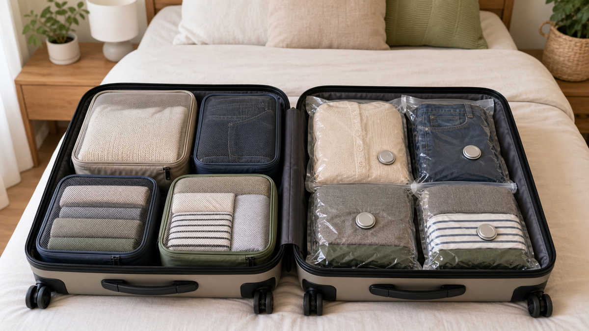 Suitcases comparing packing cubes and compression bags for organized travel