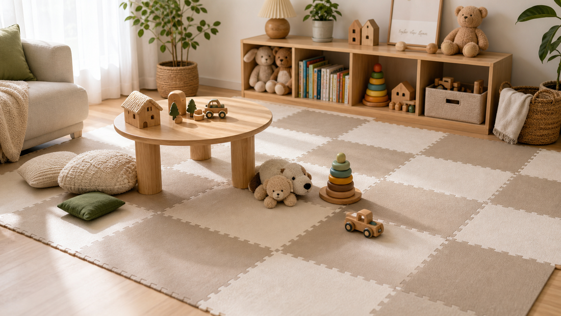 Bright kids playroom with soft checkerboard floor tiles and low toy storage