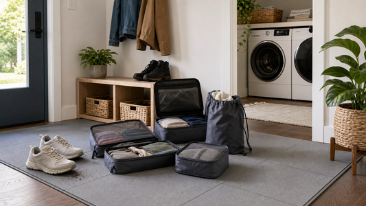Clean home entryway with travel organizers, shoes, laundry pouch, and soft floor tiles after a trip
