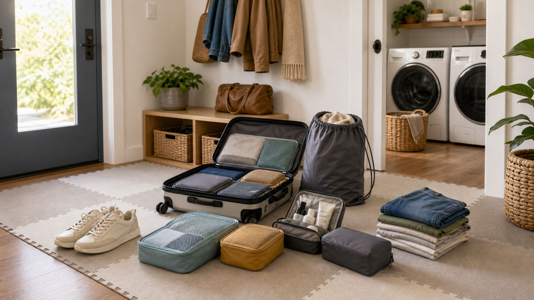 Organized entryway with travel bags shoes and washable floor zone