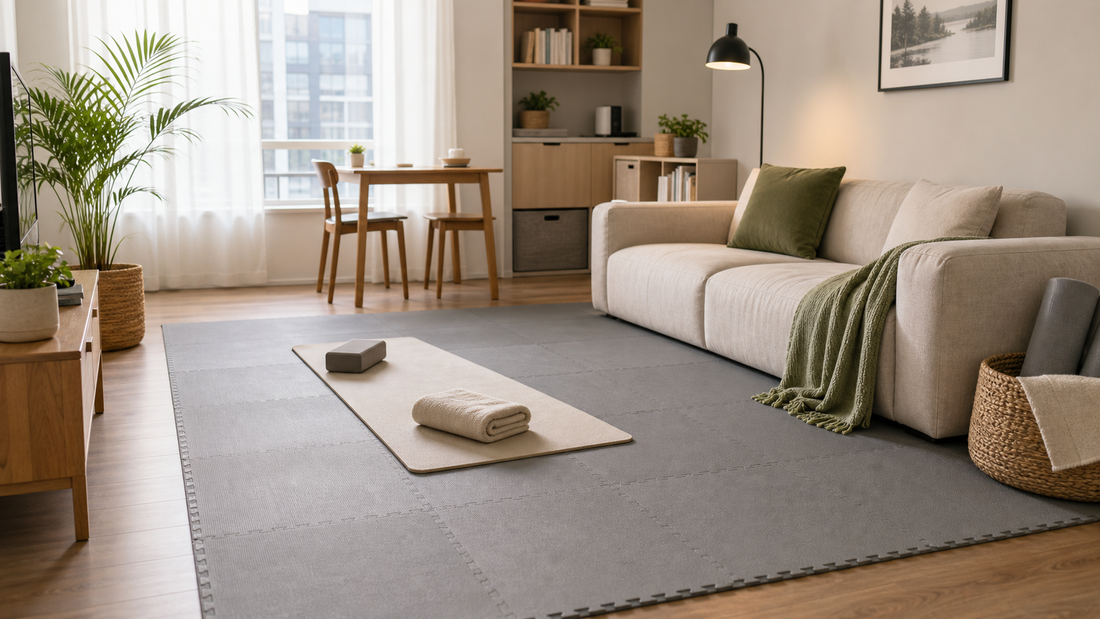 Renter friendly living room floor zone with removable soft tiles