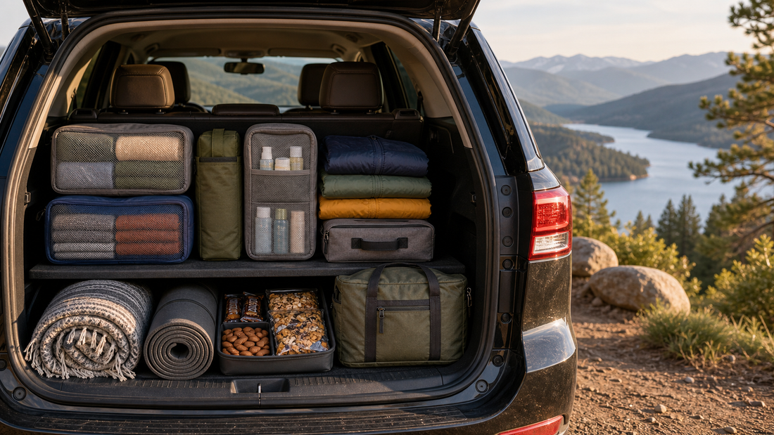 Road trip trunk organized by zones with bags blankets and travel essentials