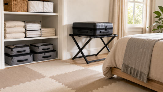 Guest bedroom with suitcase stand, storage organizers, and soft floor tiles