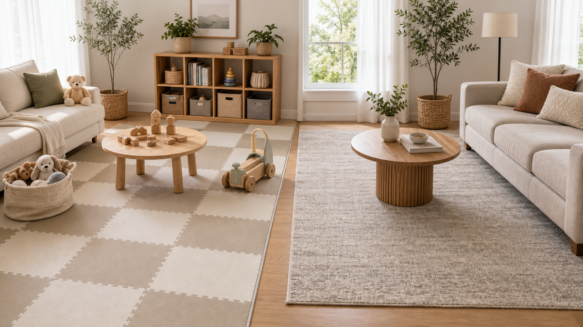 Playroom comparing soft interlocking floor tiles and a rug area
