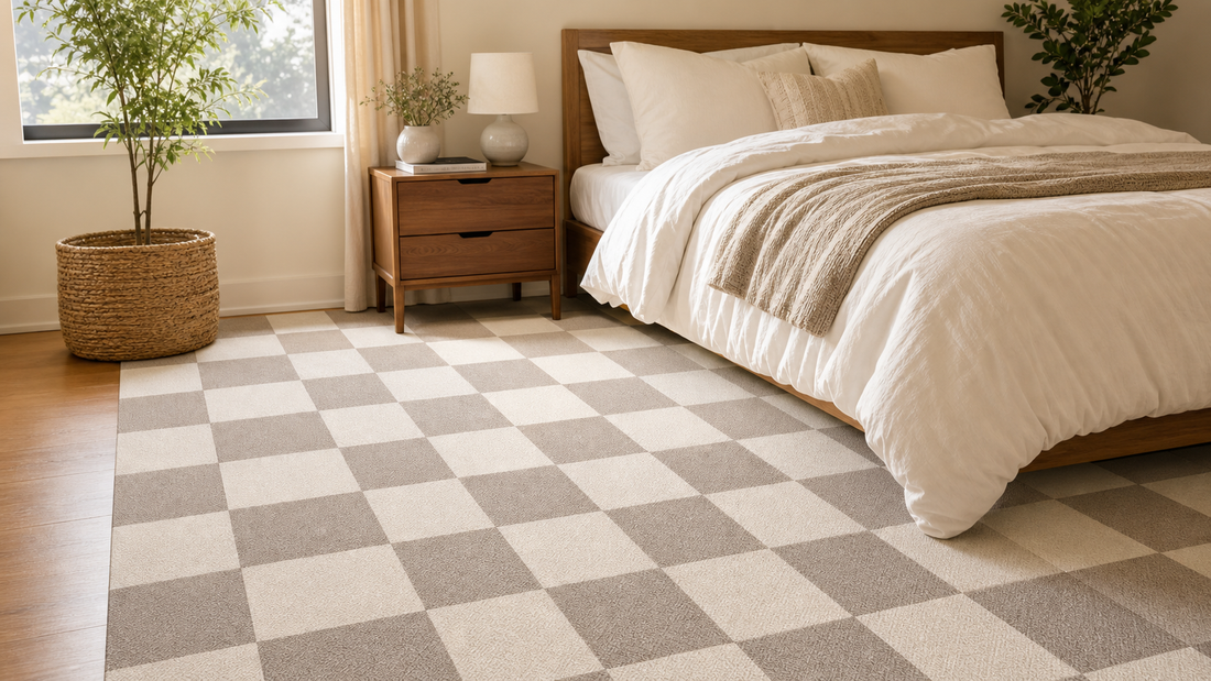 Modern bedroom with soft checkerboard floor tiles beside the bed