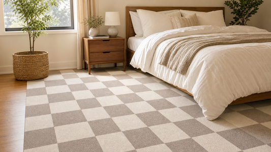 Modern bedroom with soft checkerboard floor tiles beside the bed