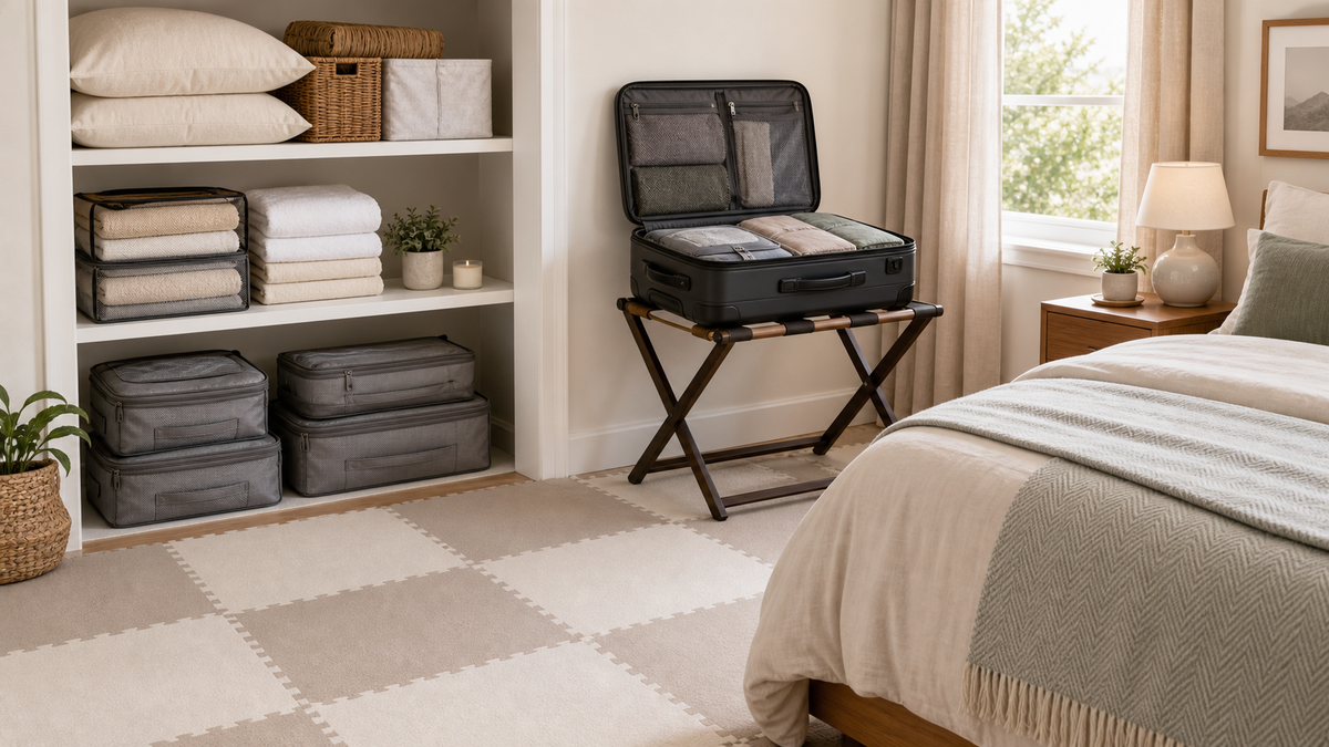 Travel bags packing cubes and luggage stored neatly on home shelves