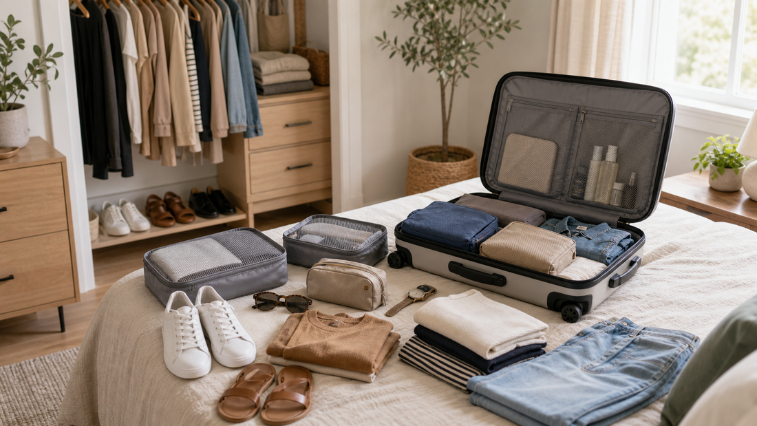 Minimalist travel capsule wardrobe laid out beside a carry-on suitcase
