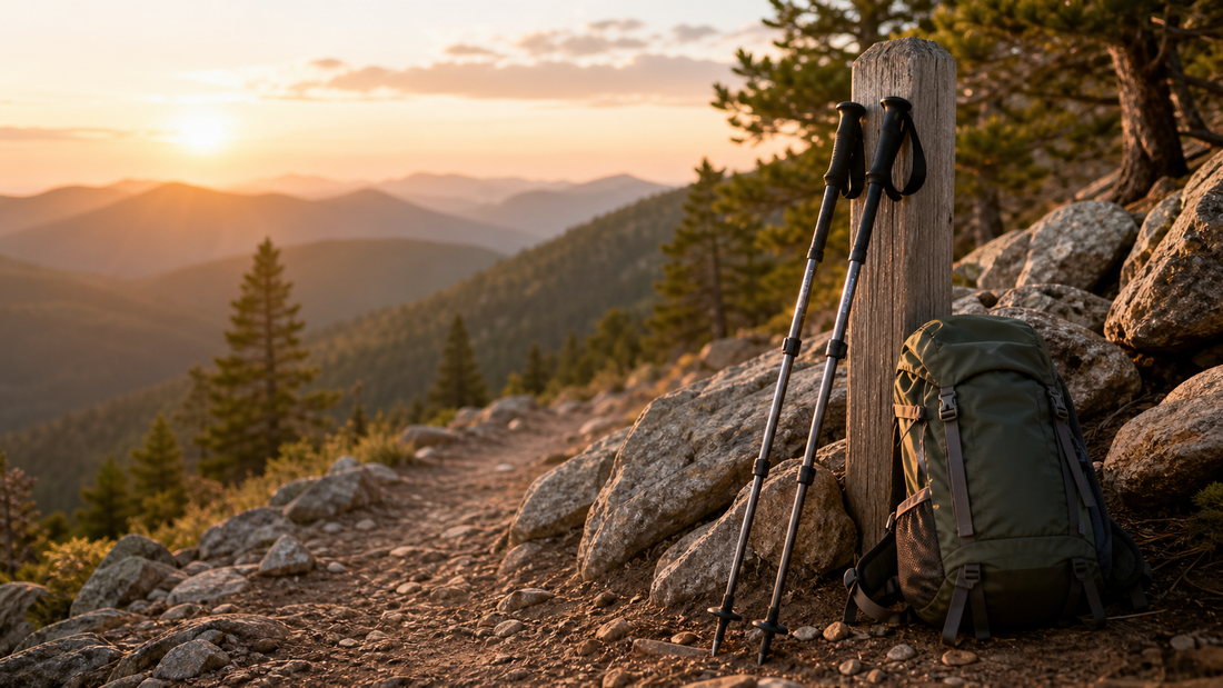 Trekking poles and a hiking backpack on a mountain trail at sunset