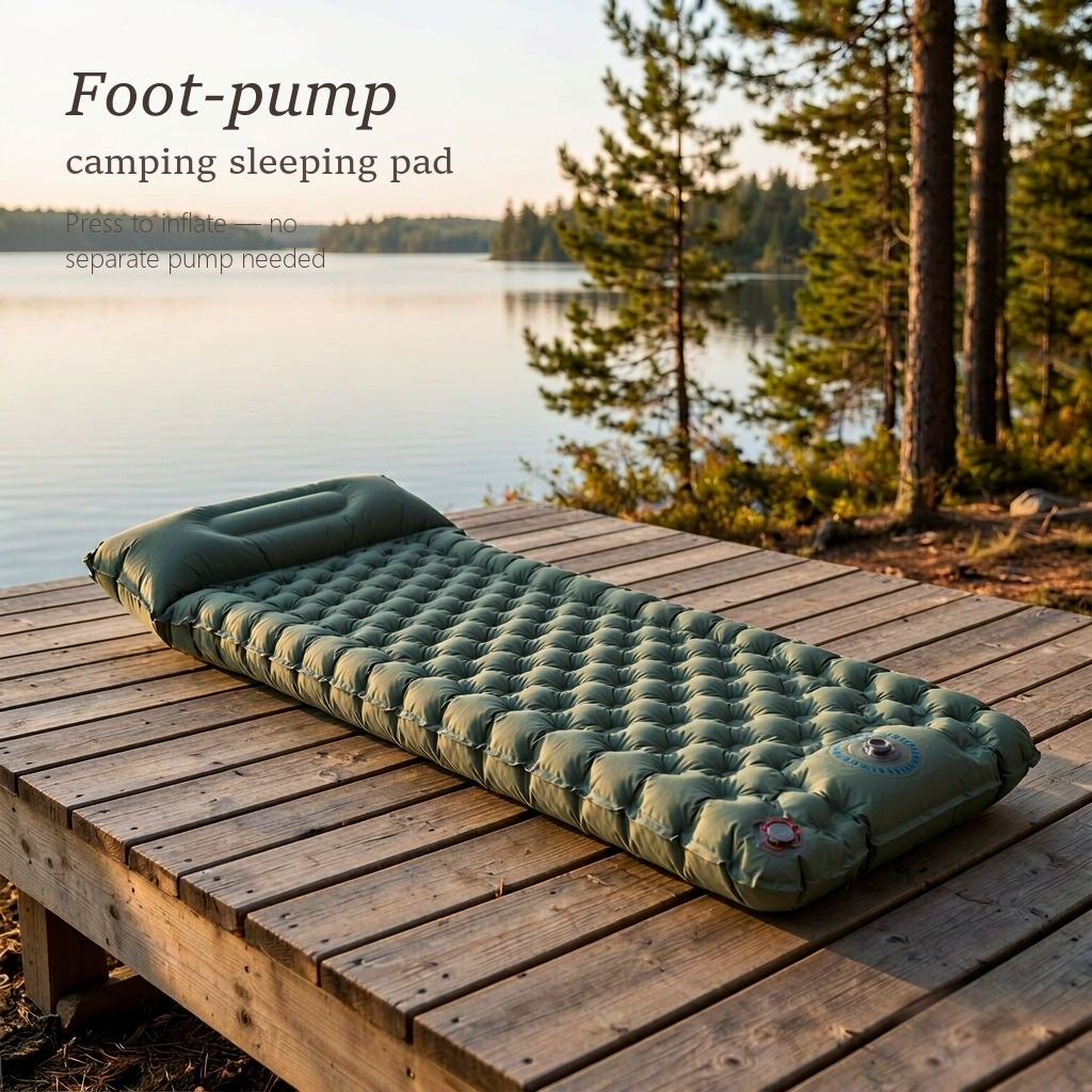 AirRest foot-pump camping sleeping pad inflated at a sunny campsite, hero shot with ORINOVAE branding.