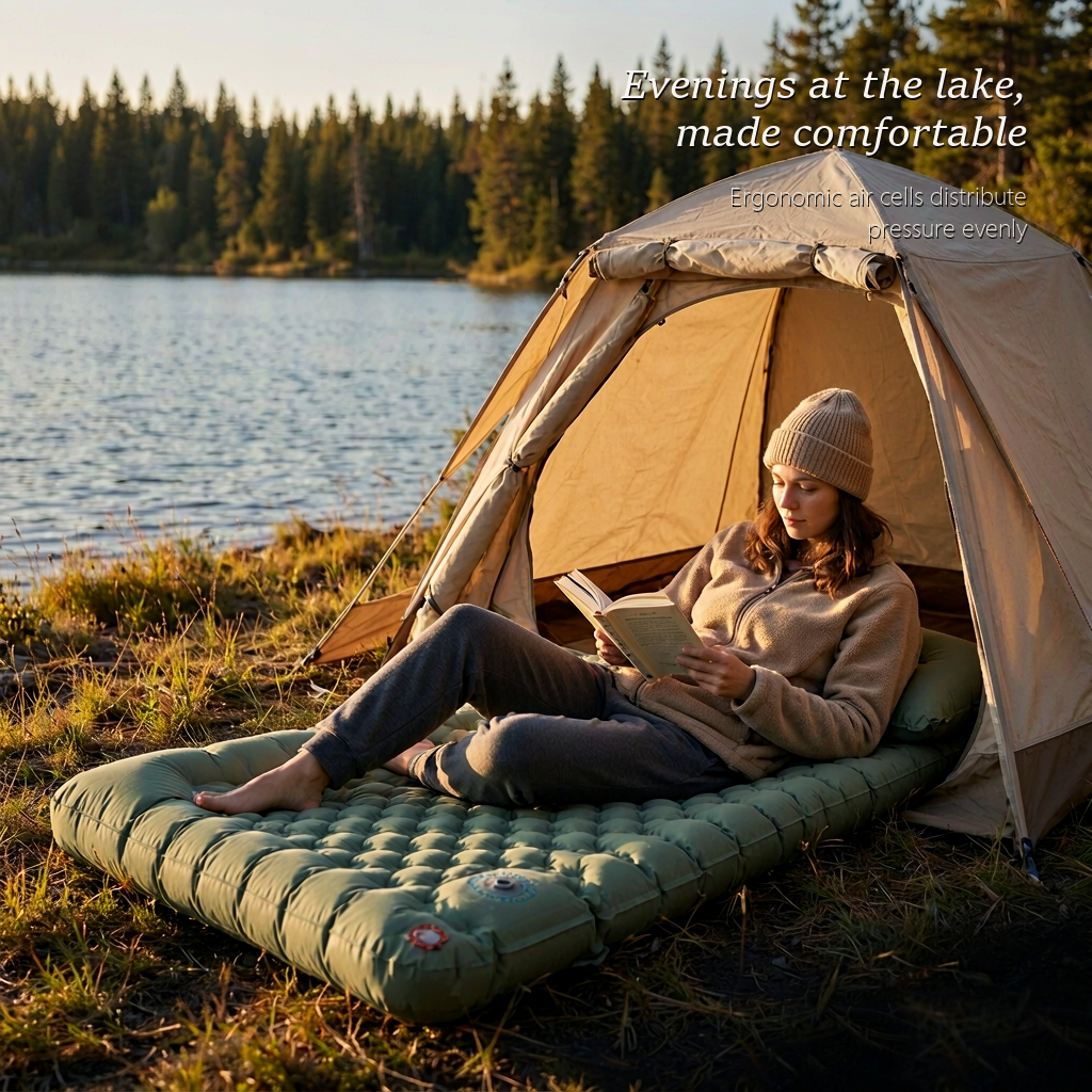 Camper resting on the AirRest sleeping pad inside a tent by a lake at dusk, warm evening lifestyle scene.