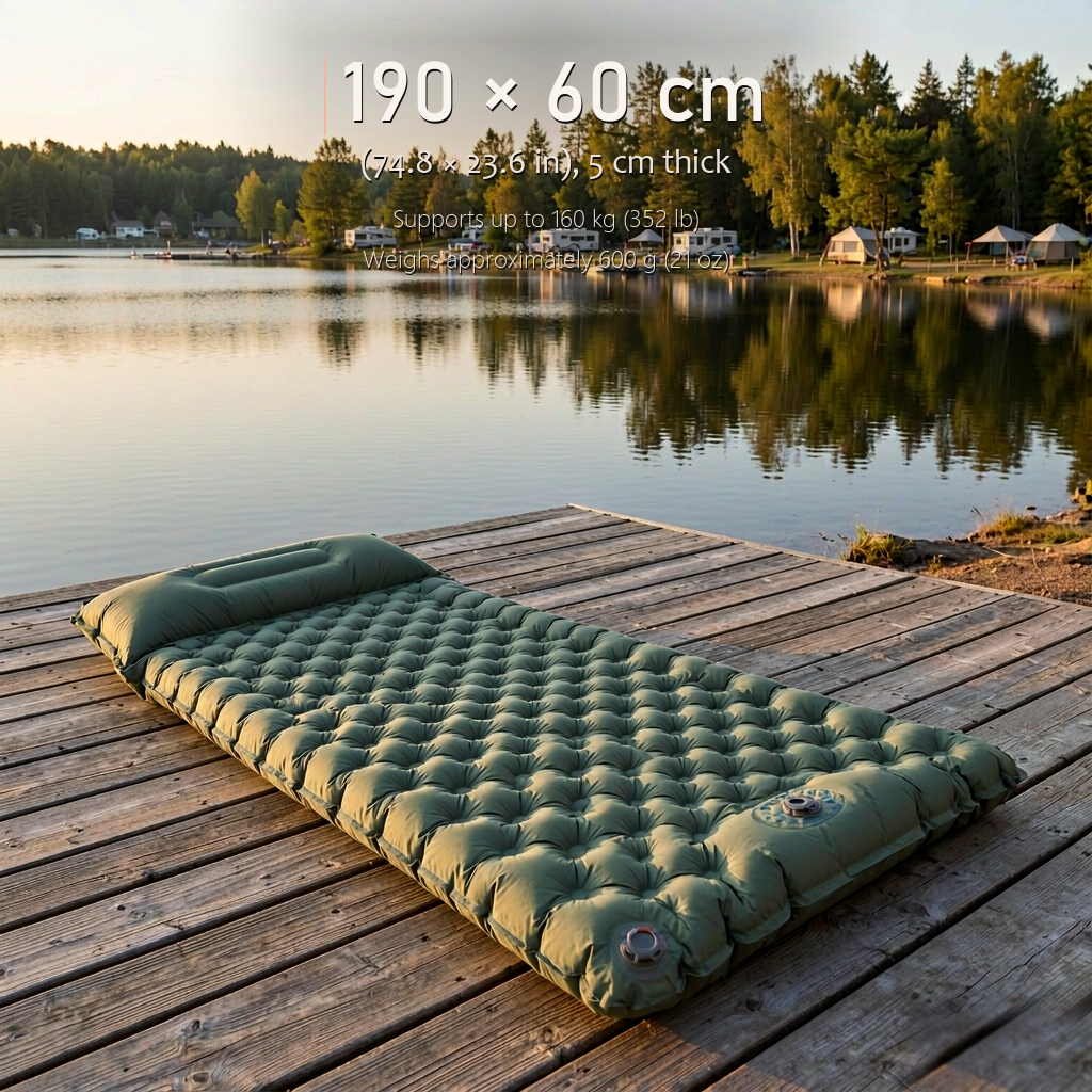 AirRest single sleeping pad dimensions, 200 by 70 by 7 cm, shown inflated with size arrows on white.