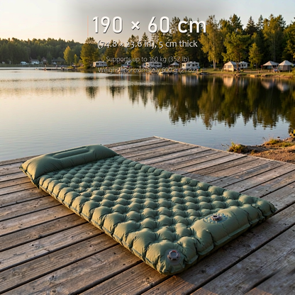 AirRest single sleeping pad dimensions, 200 by 70 by 7 cm, shown inflated with size arrows on white.