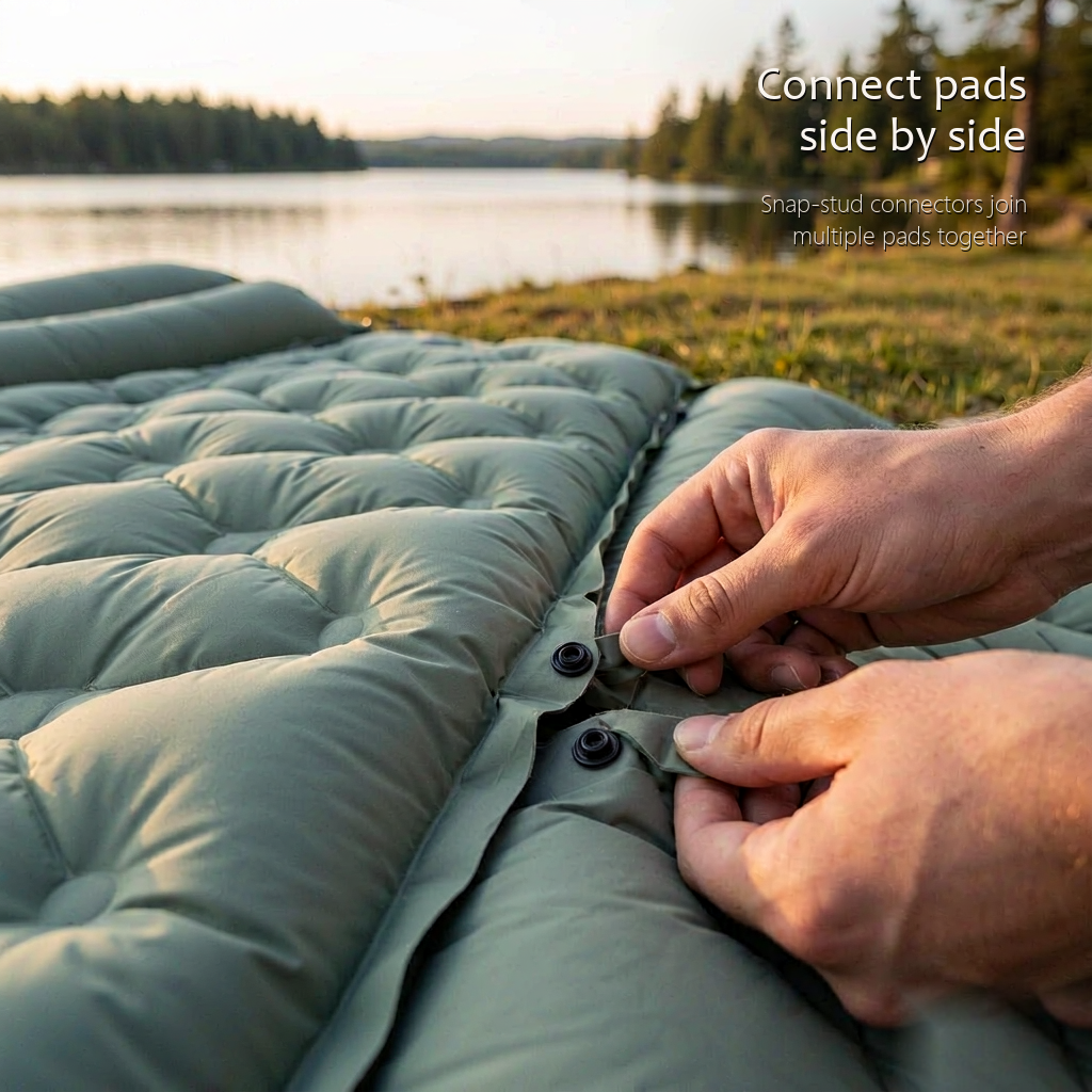 Two AirRest sleeping pads snapped together side by side to build a wider double sleeping surface.