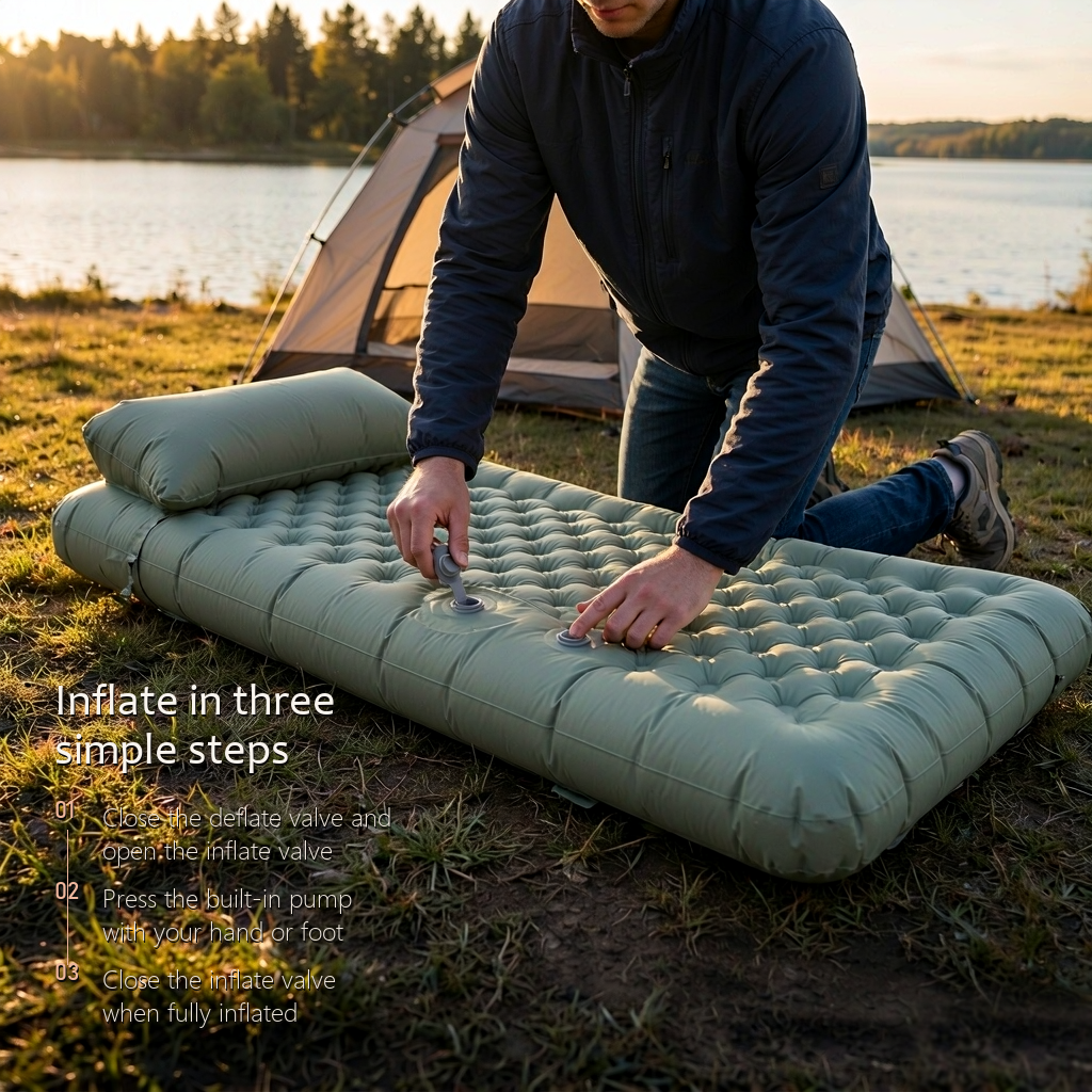 Three-step how-to for the AirRest pad: unroll, step on the foot pump, adjust the pillow firmness.