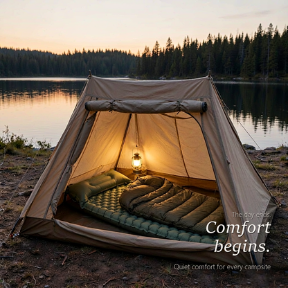 ORINOVAE AirRest sleeping pad laid out at a calm evening campsite, brand closing shot.