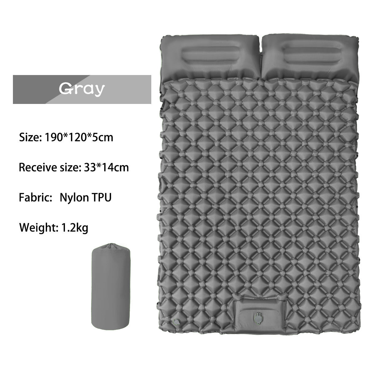 Specification chart for the AirRest double sleeping pad in gray, listing size, packed size and weight.