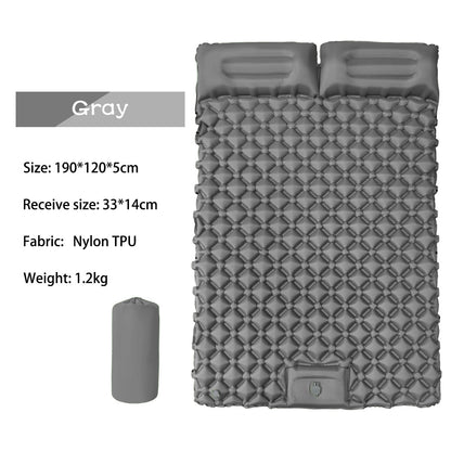 Specification chart for the AirRest double sleeping pad in gray, listing size, packed size and weight.