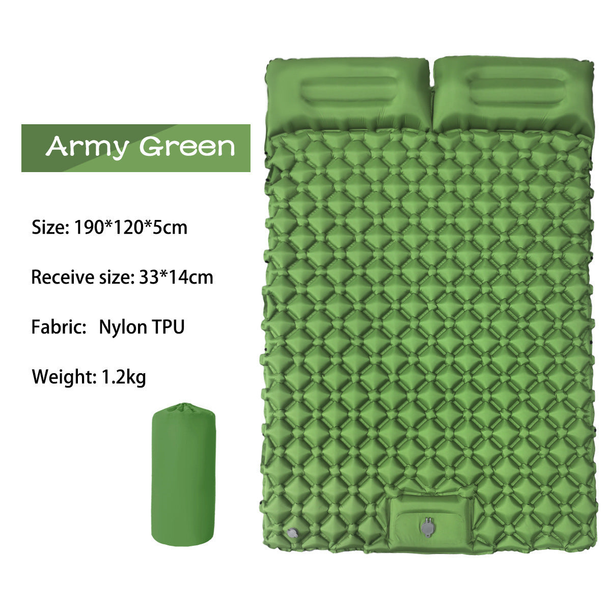 Specification chart for the AirRest double sleeping pad in army green, with size and weight labels.
