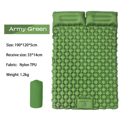 Specification chart for the AirRest double sleeping pad in army green, with size and weight labels.