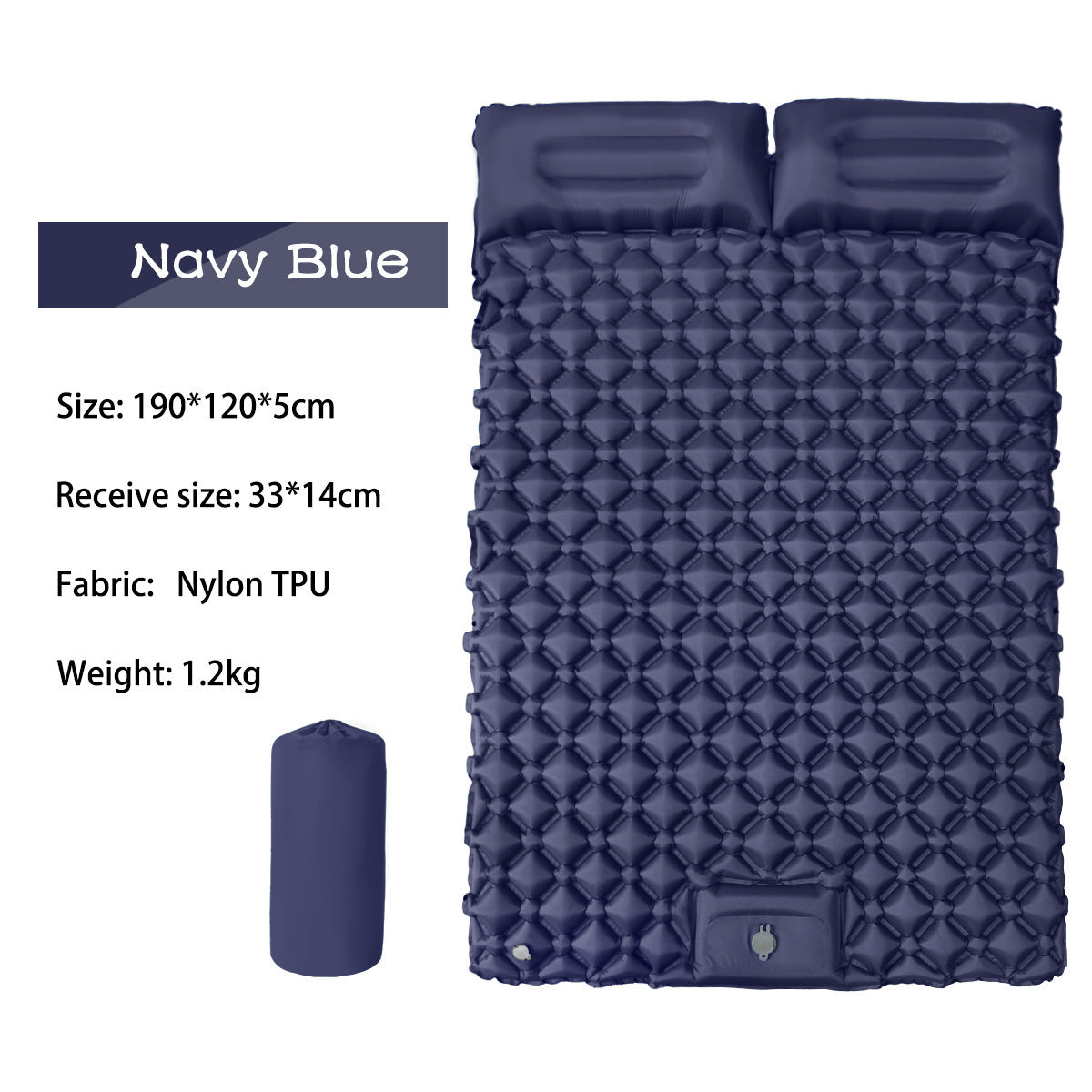 Specification chart for the AirRest double sleeping pad in navy blue, with size and weight labels.