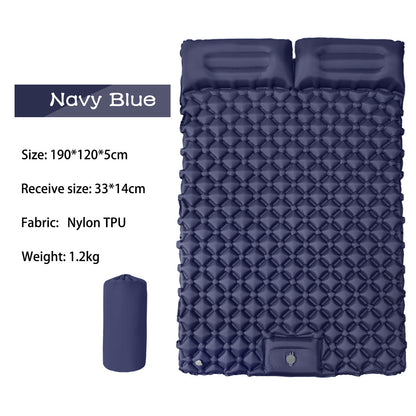 Specification chart for the AirRest double sleeping pad in navy blue, with size and weight labels.
