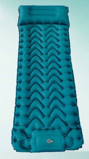 AirRest sleeping pad in teal, inflated and standing upright on a plain white background.