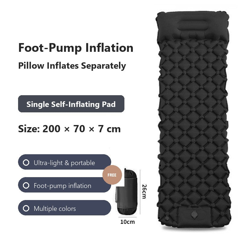 AirRest single self-inflating pad in grey, 200 by 70 by 7 cm, with foot-pump inflation and free pillow.