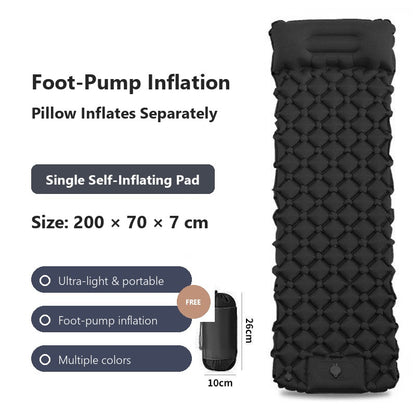 AirRest single self-inflating pad in grey, 200 by 70 by 7 cm, with foot-pump inflation and free pillow.
