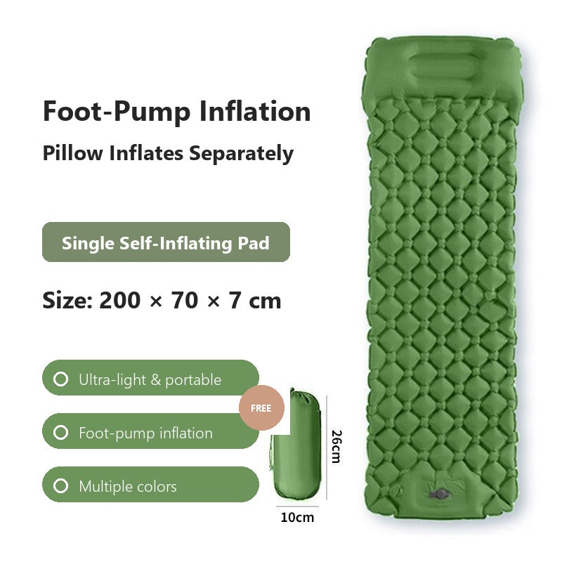 AirRest single self-inflating pad in green, 200 by 70 by 7 cm, with foot-pump inflation and free pillow.
