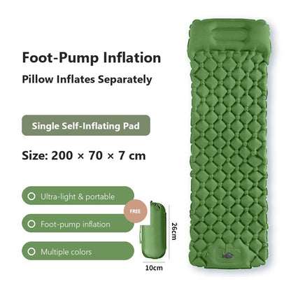 AirRest single self-inflating pad in green, 200 by 70 by 7 cm, with foot-pump inflation and free pillow.