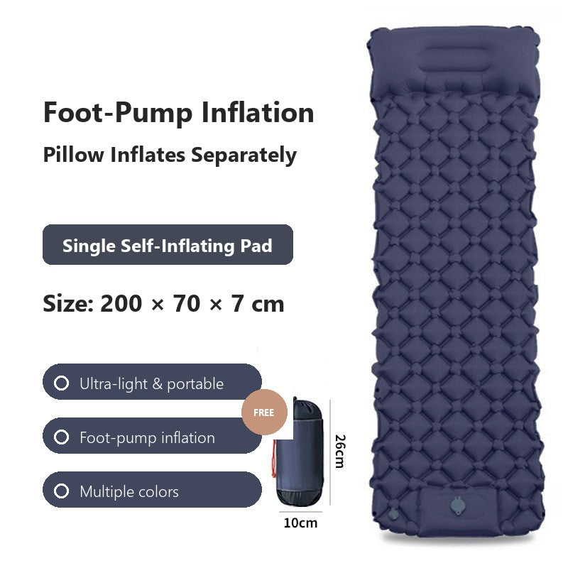 AirRest single self-inflating pad in navy, 200 by 70 by 7 cm, with foot-pump inflation and free pillow.