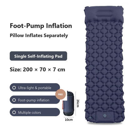 AirRest single self-inflating pad in navy, 200 by 70 by 7 cm, with foot-pump inflation and free pillow.
