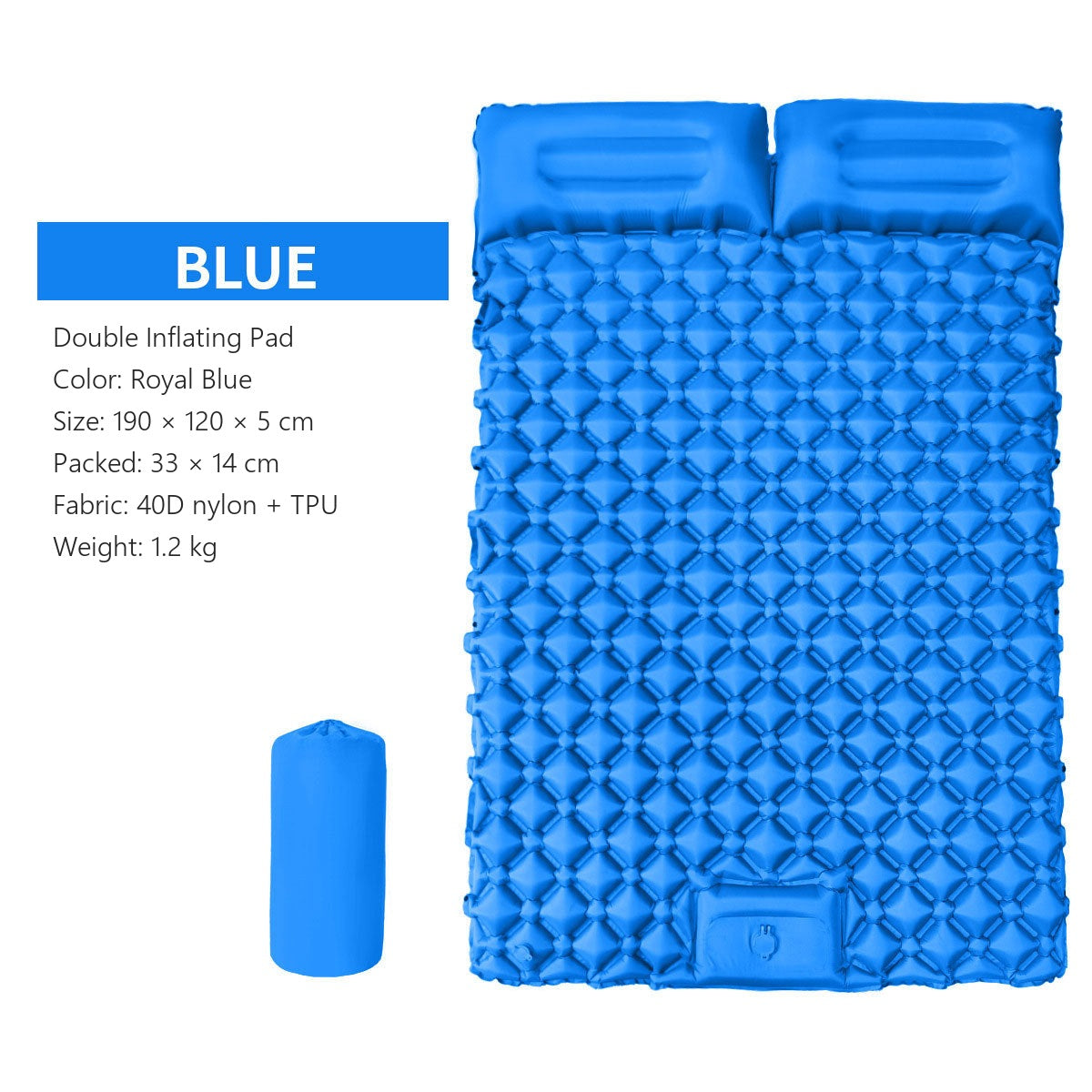 AirRest double inflating pad in royal blue, 190 by 120 by 5 cm, packed size, 40D nylon TPU, 1.2 kg.