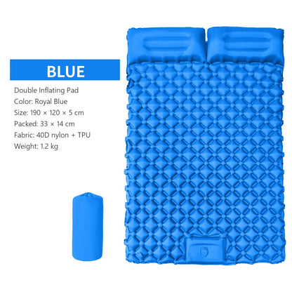AirRest double inflating pad in royal blue, 190 by 120 by 5 cm, packed size, 40D nylon TPU, 1.2 kg.